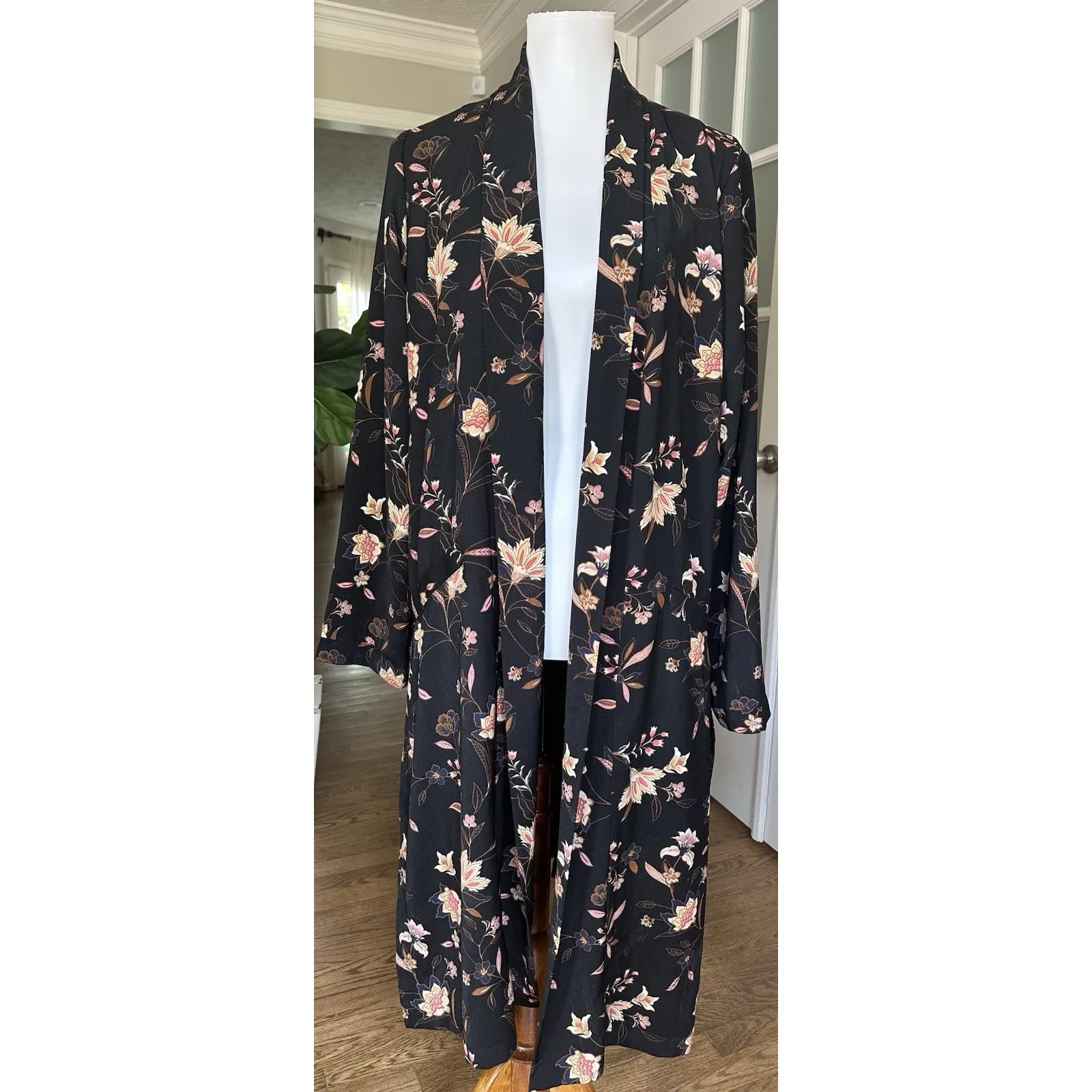 Daniel Rainn DR2 by Floral Kimono Duster Jacket Black Pink Boho Long Sleeve L - Image 4