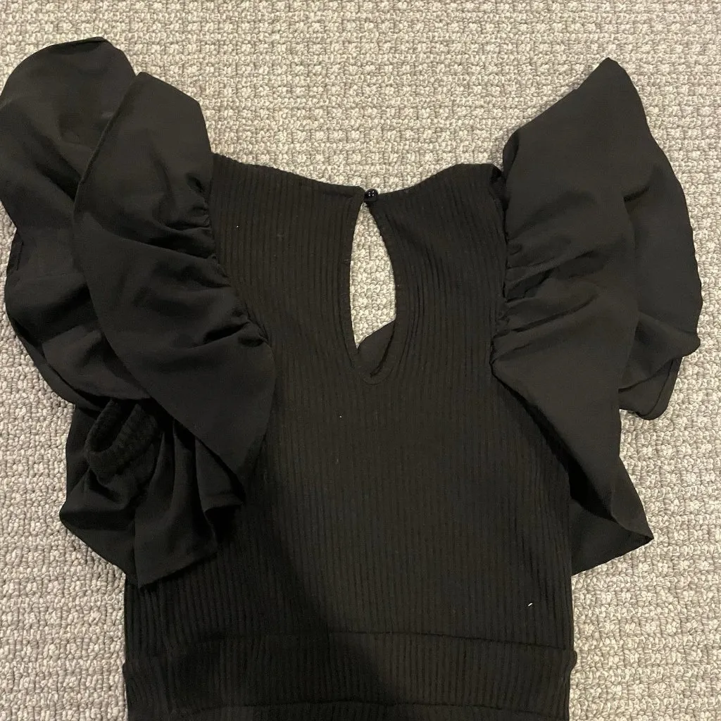 Haute Monde Jumpsuit Womens Small Black Ribbed Ruffle Cap Sleeve Keyhole Fitted - Image 4