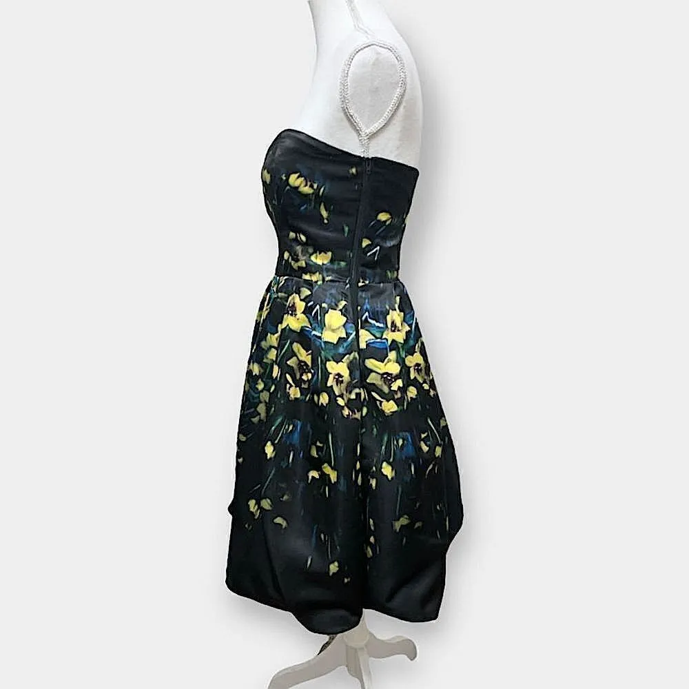Parker Remi Black & Yellow Floral Satin Strapless Fit N Flare Cocktail Dress 2 - Image 5