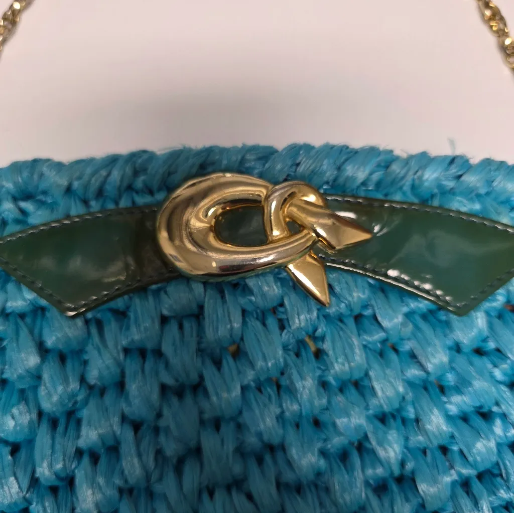 Vintage Rodo Woven Blue Wicker Clutch Gold Chain Turquoise Purse Shoulder Bag - Image 4