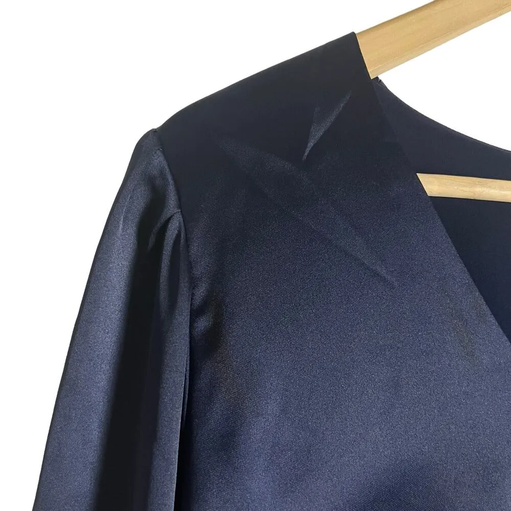 Rachel Zoe Navy Blue Satin V-Neck Long Button Sleeve Blouse Size Large - Image 4