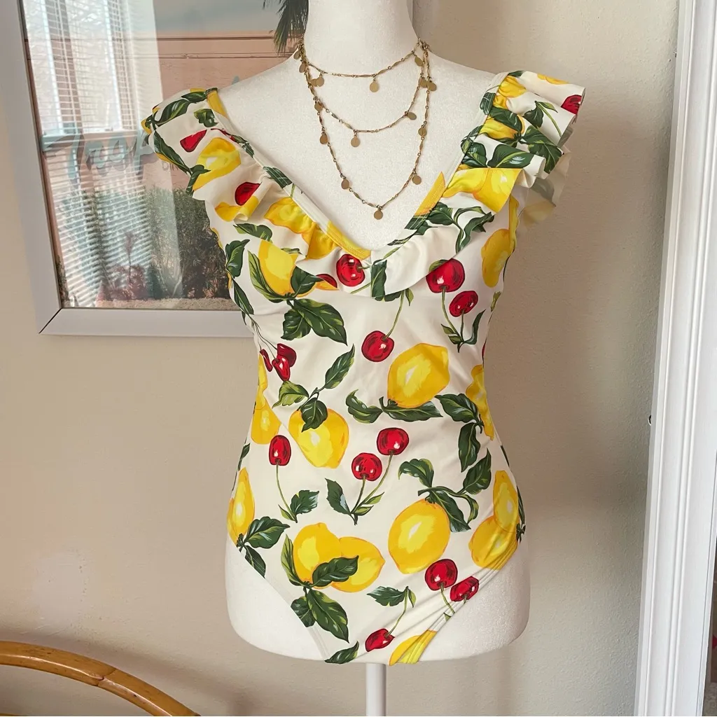 Boden Evia Ruffle One Piece Swimsuit in Ivory Cherries & Lemons Size US 8 Red - Image 4