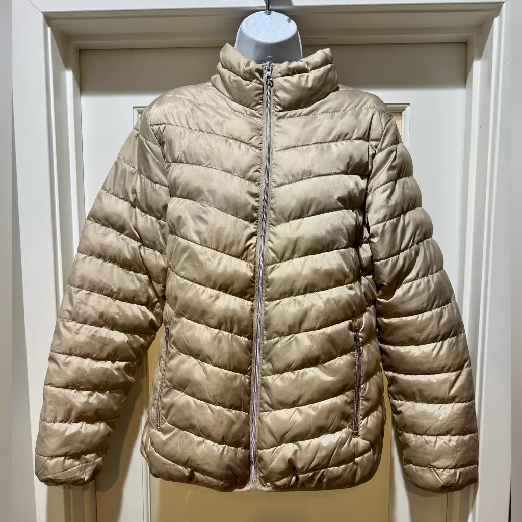 Keren Hart Lightweight Puffer Jacket Beige Zip Front Size L Tan Size L - Image 2