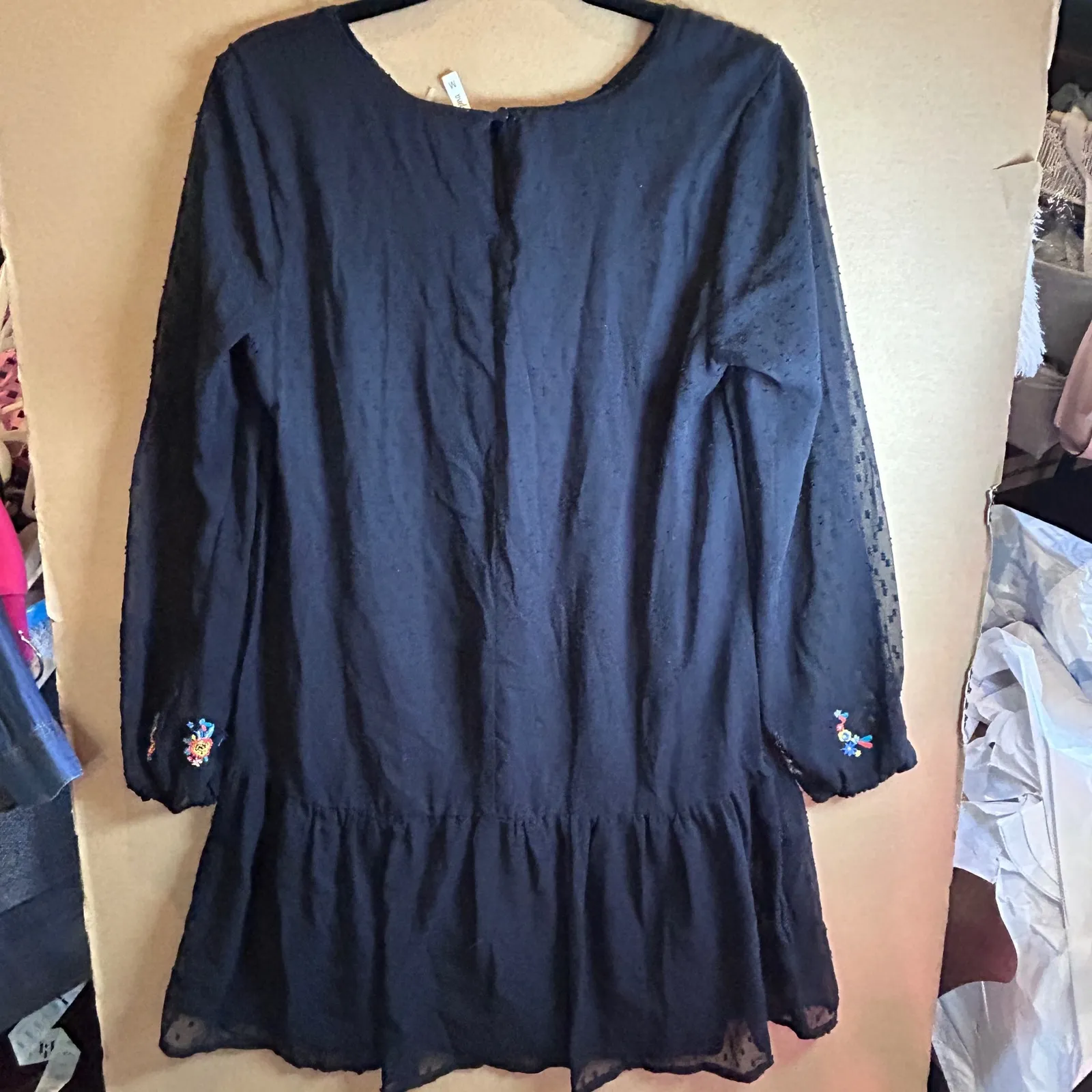 Japna Black Embroidered Flower Mini Dress Long Sleeve Ruffle Size M - Image 6