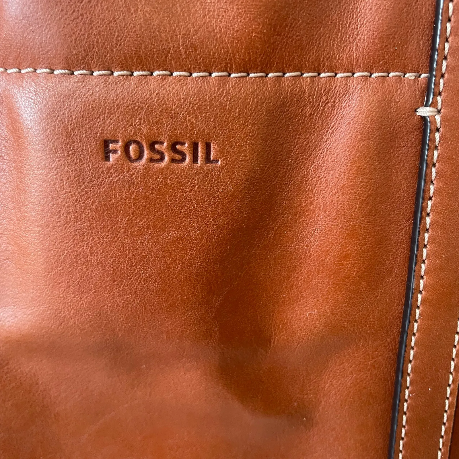 Fossil Carmen Leather Tote Brandy Crossbody Strap Adjustable EUC - Image 2