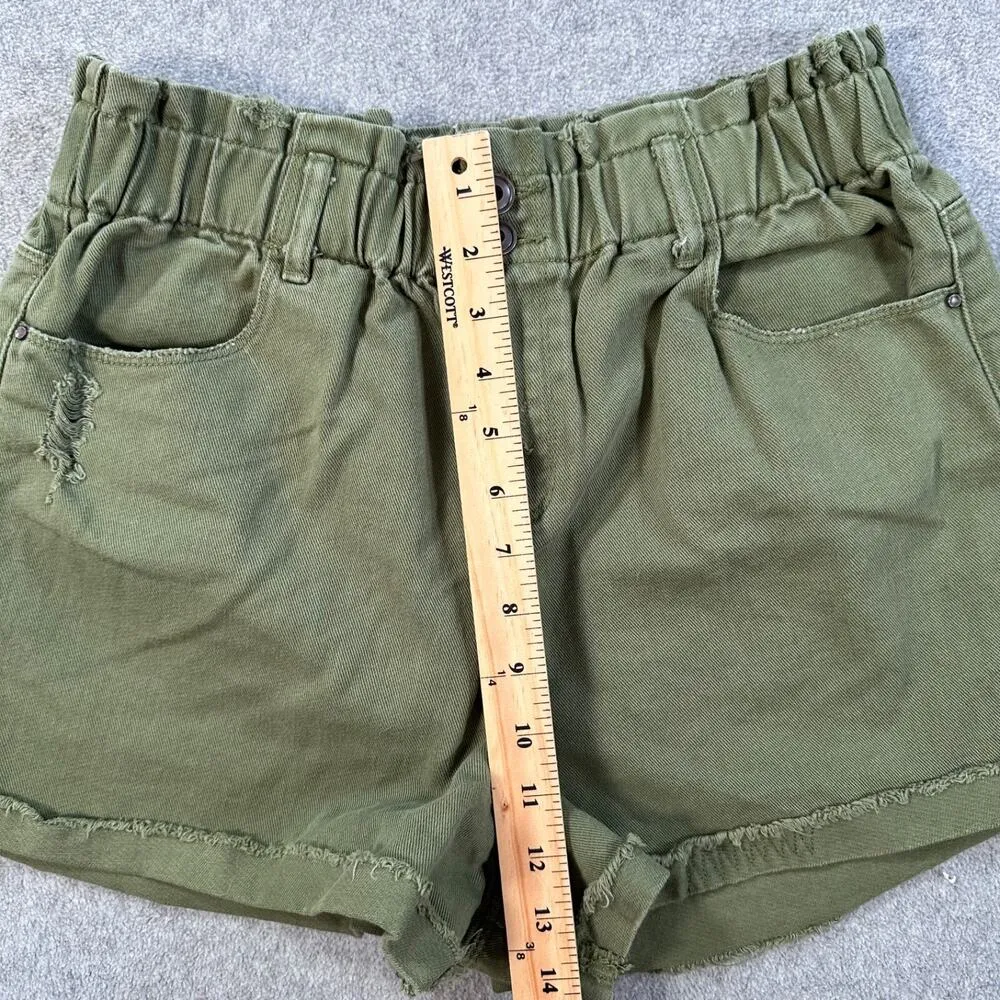 A Loves A High Waisted Distressed Shorts Size 28 Army Green Denim Elastic Waist - Image 6