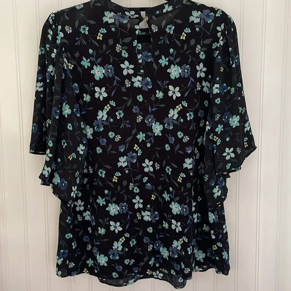 Loft Mixed Media‎ Dark Floral Lace Wide Flutter Sleeves Oversized Boho Navy S - Image 4