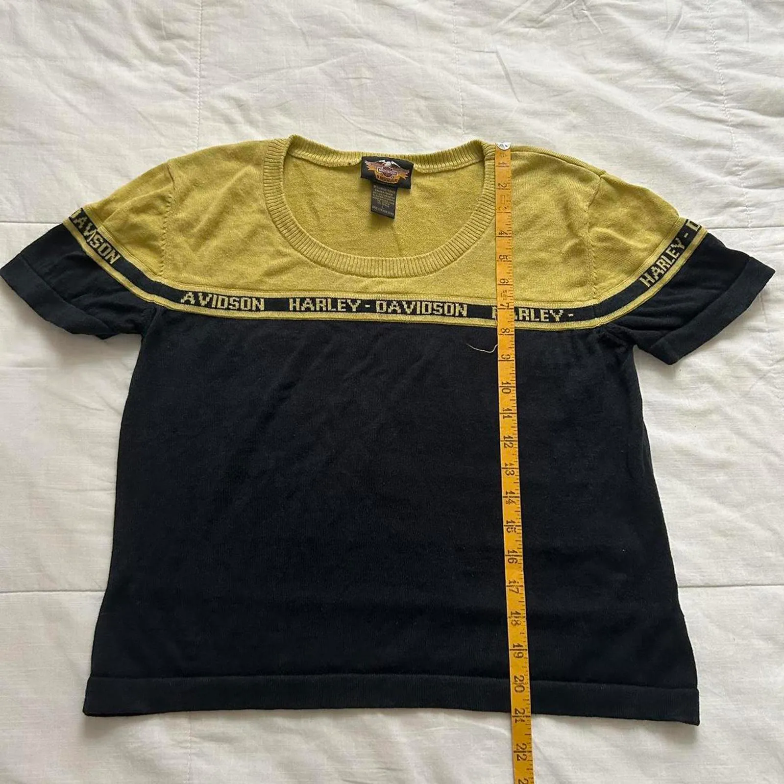 Y2K Harley Davidson greenish yellow and black knit logo intarsia sweater Size M - Image 8