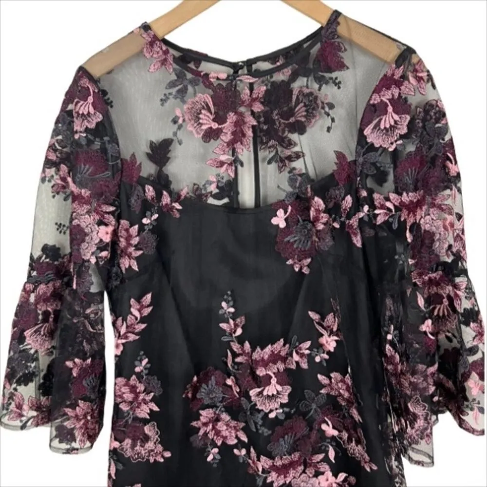 White House Black Market Bell Sleeve Floral Embroidered Mini Dress Black Size 4P - Image 4