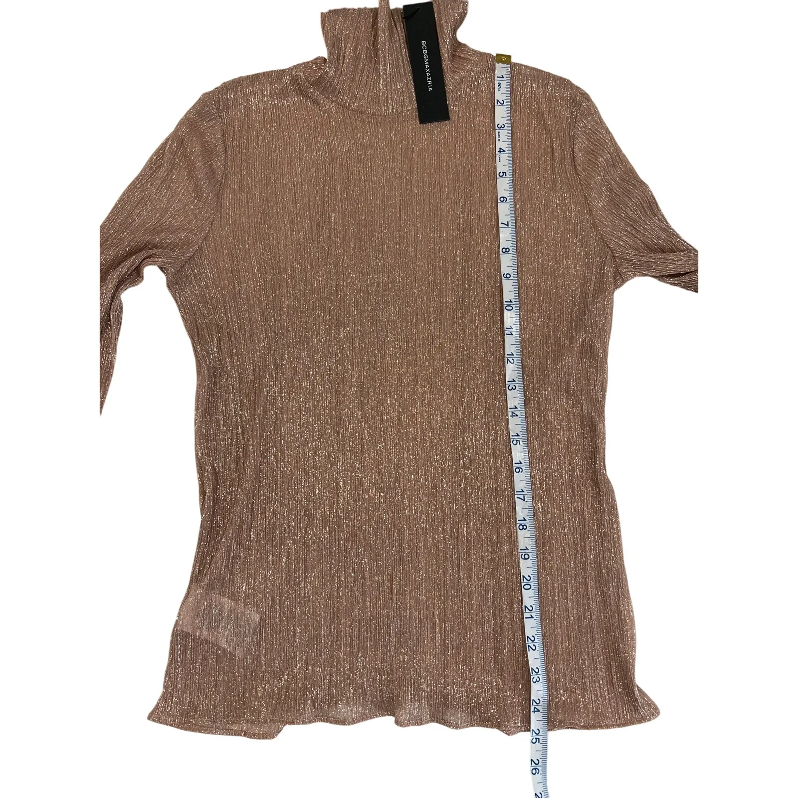 BCBGMAXAZRIA Sparkle Sheer Rose Pink Turtleneck Top Women's Size S Holiday Glam - Image 9