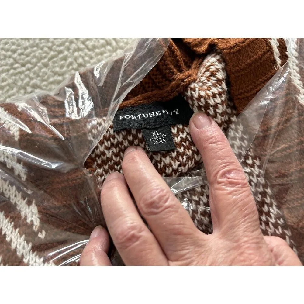 Fortune+Ivy Stitch Fix Women's Chevron Open Cardigan Sweater Rust/White Sz XL - Image 4