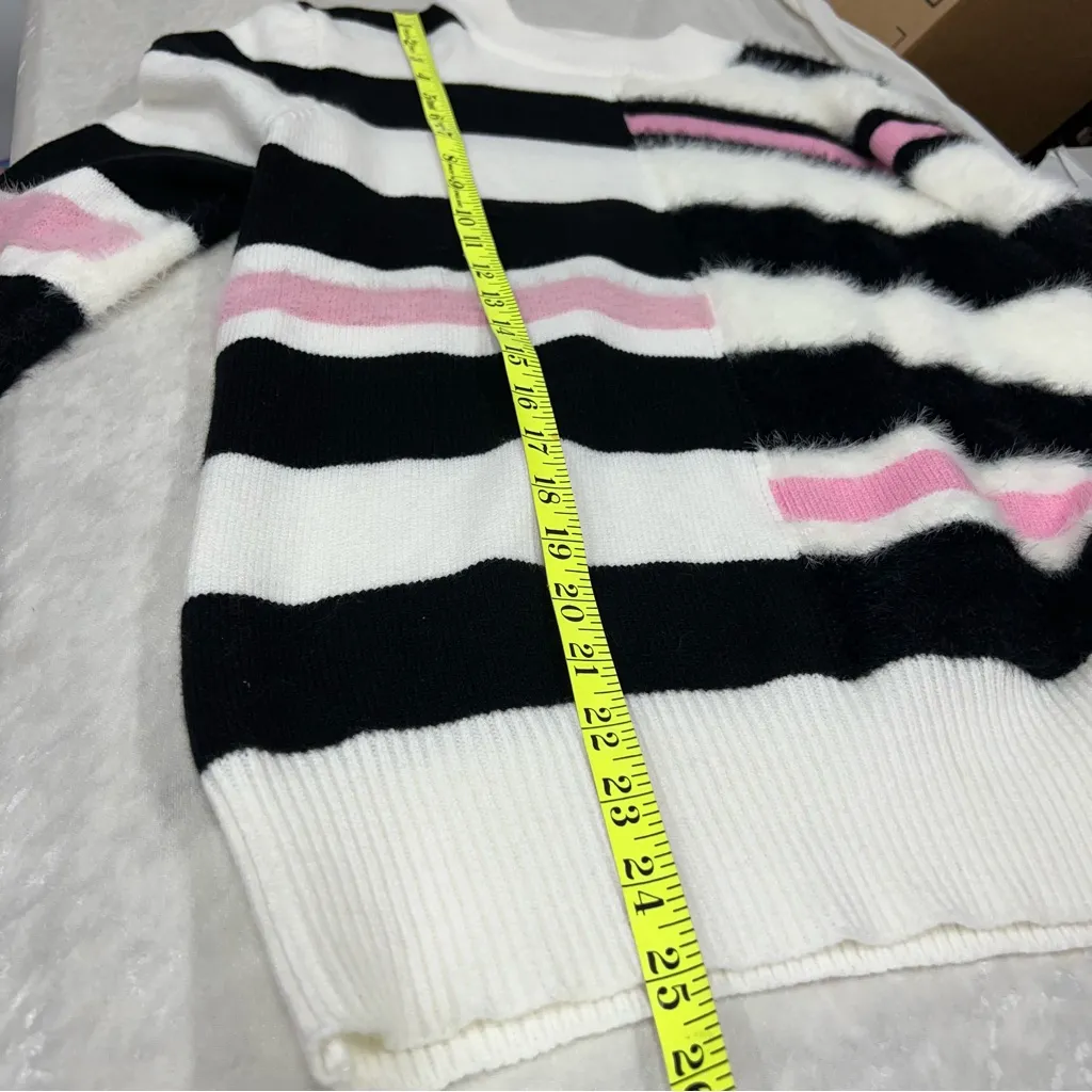 THML Kirsten striped M knit sweater white pink black bold modern high neckline - Image 9