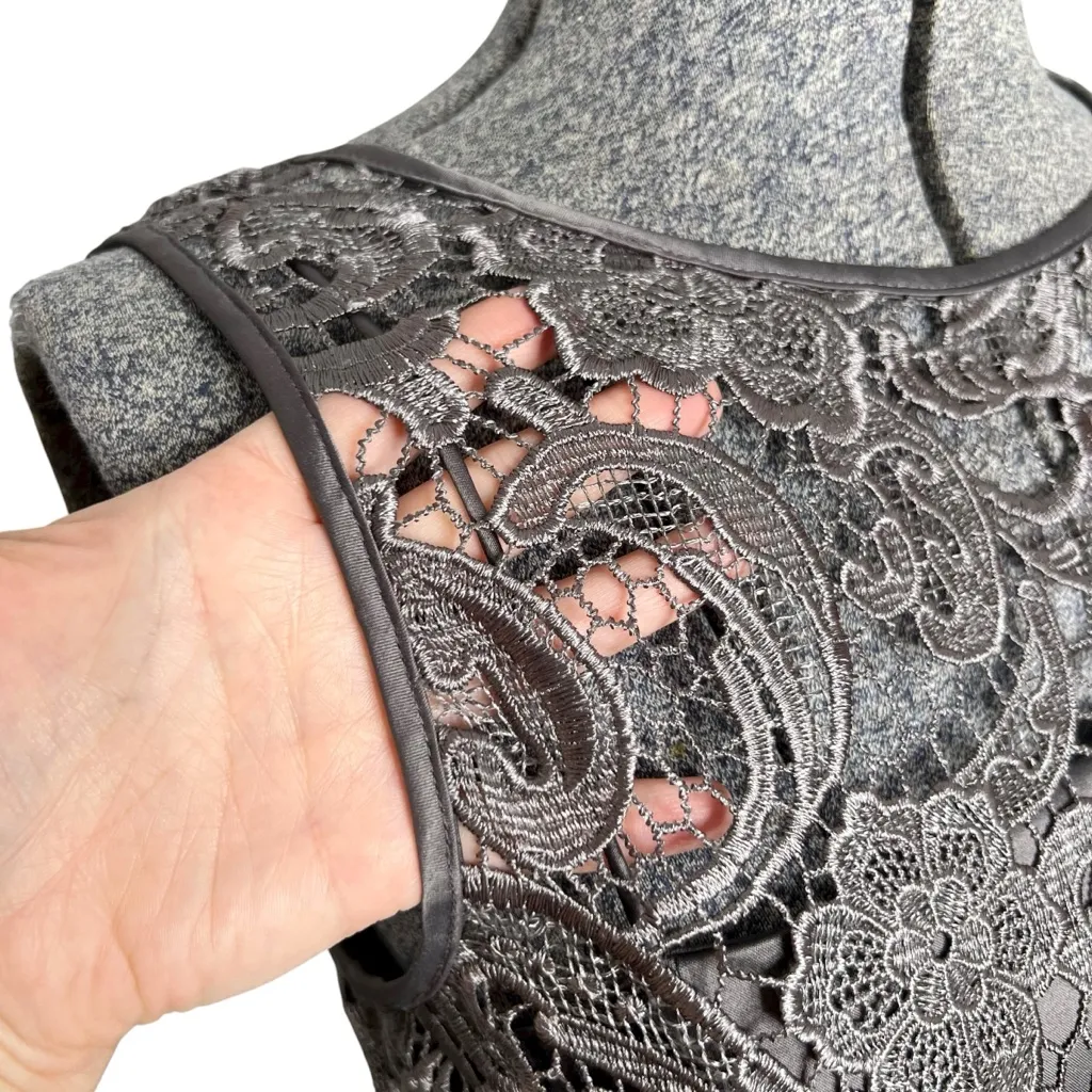 Adrianna Papell Gray Illusion Lace Overlay Boat Neck Sheath Dress - Image 7