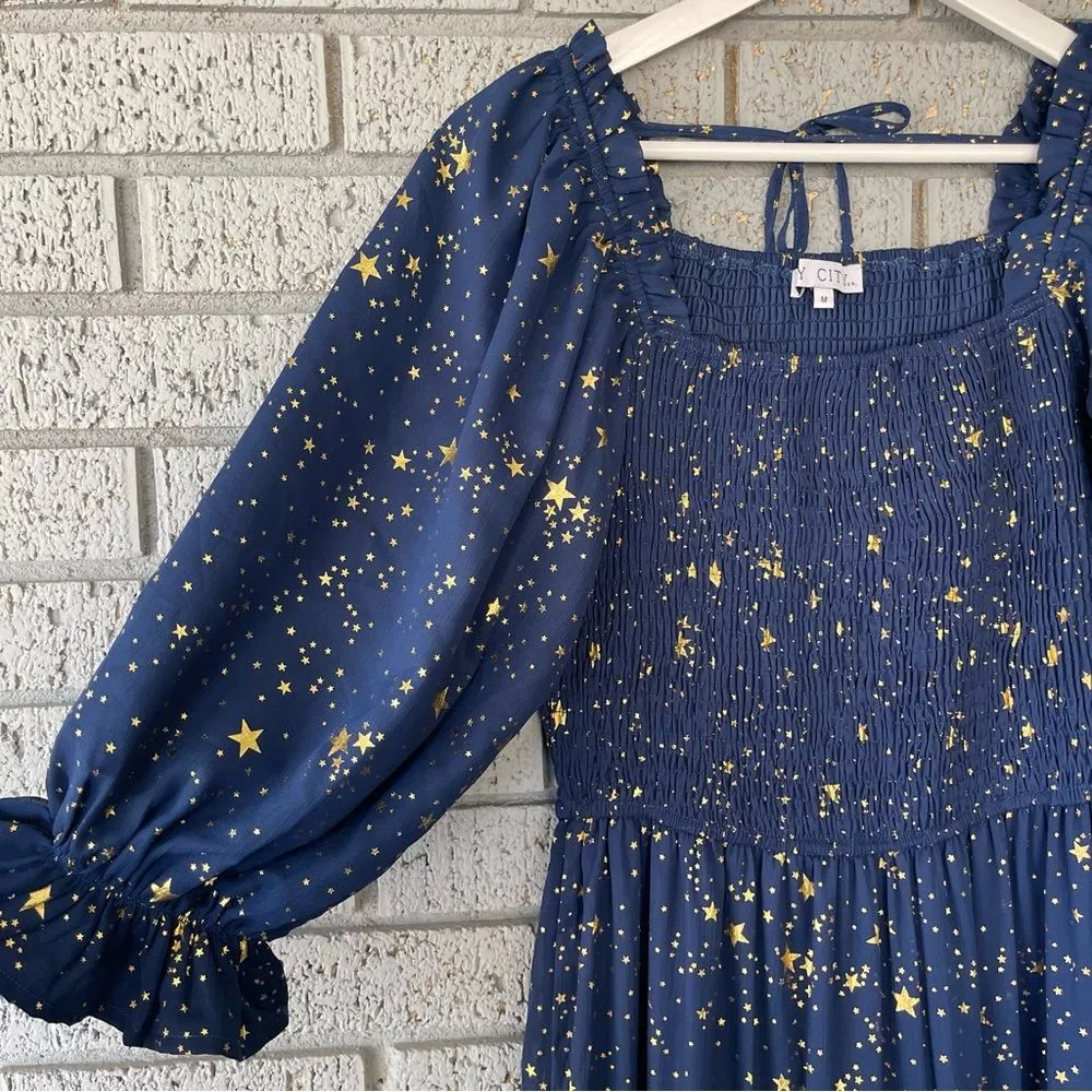 Ivy City Co Starry Nights Dress Navy Blue Gold Stars Size Medium - Image 6