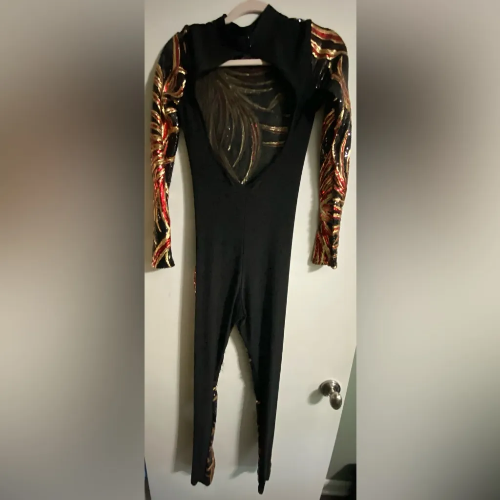 Sequence Open Back Black Red and Gold Long Sleeve Pant Bodysuit Womens Sz Small - Image 5