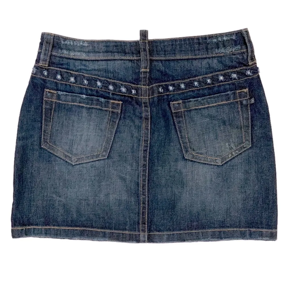 London Jean Vintage Mini Skirt Distressed Embellished Dark Wash Denim Cotton 6 Blue - Image 2