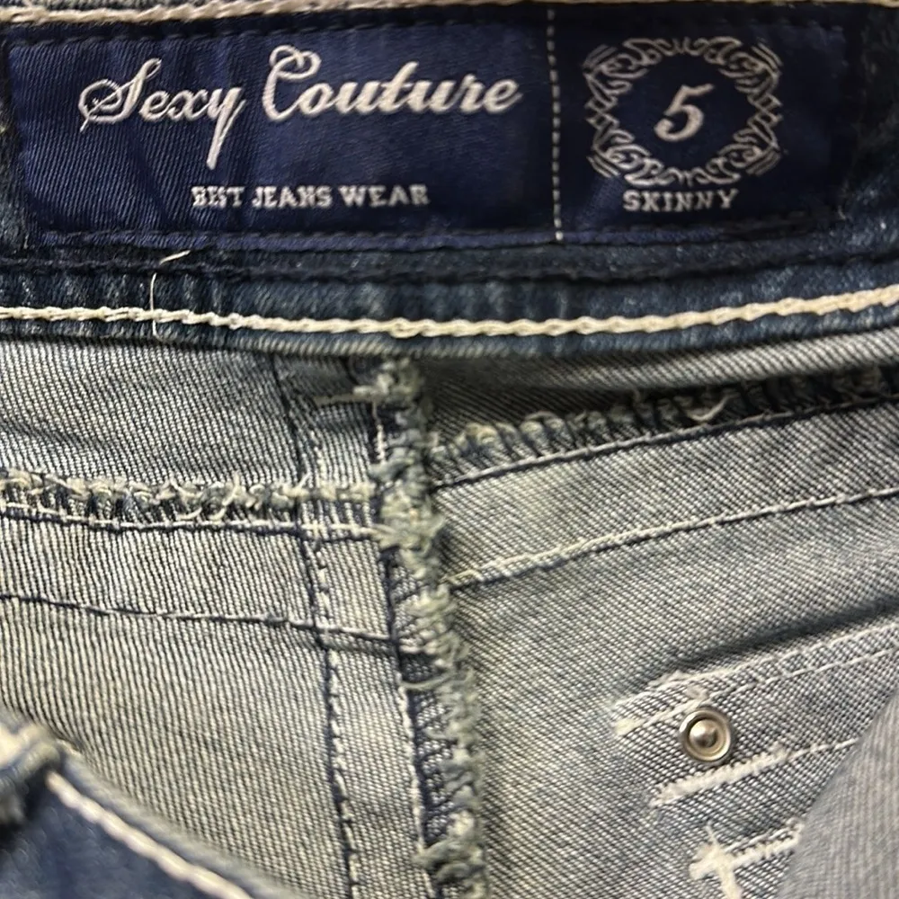 Denim Sexy Couture Mid Rise Embroidered Gem Skinny Stretch Blue Jeans Juniors 5 Size undefined - Image 8