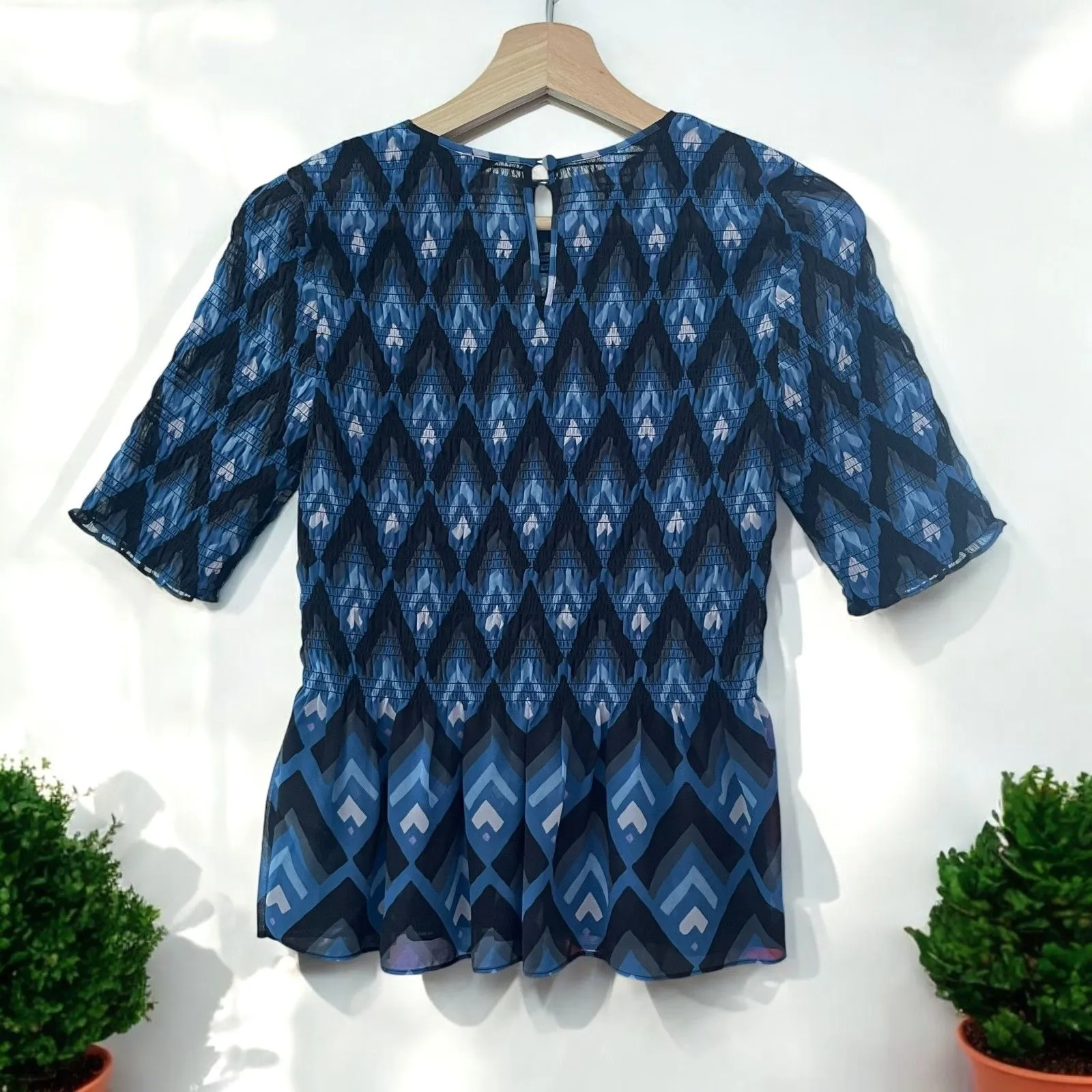 Club Monaco Luceenie Abstract-Print Ruched Peplum Top - Image 6