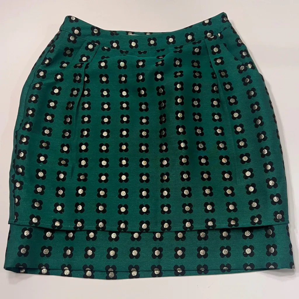 Anthropologie HD in Paris Garden Glimmer Christmas Green Tiered Flower‎ Skirt 4 - Image 9