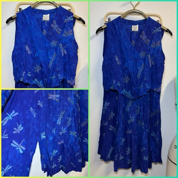 Vintage matching top and skirt bottom set blue tie dye dragonflies small/medium Size 2 - Image 1