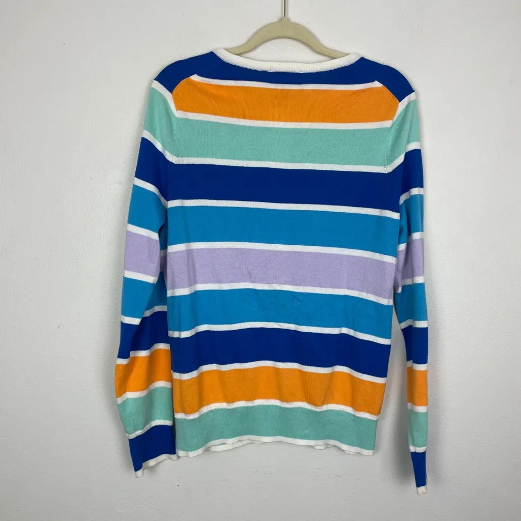 Lands' End Women's M TALL Purple‎ Orange Striped Button Up Cotton Cardigan - Image 5