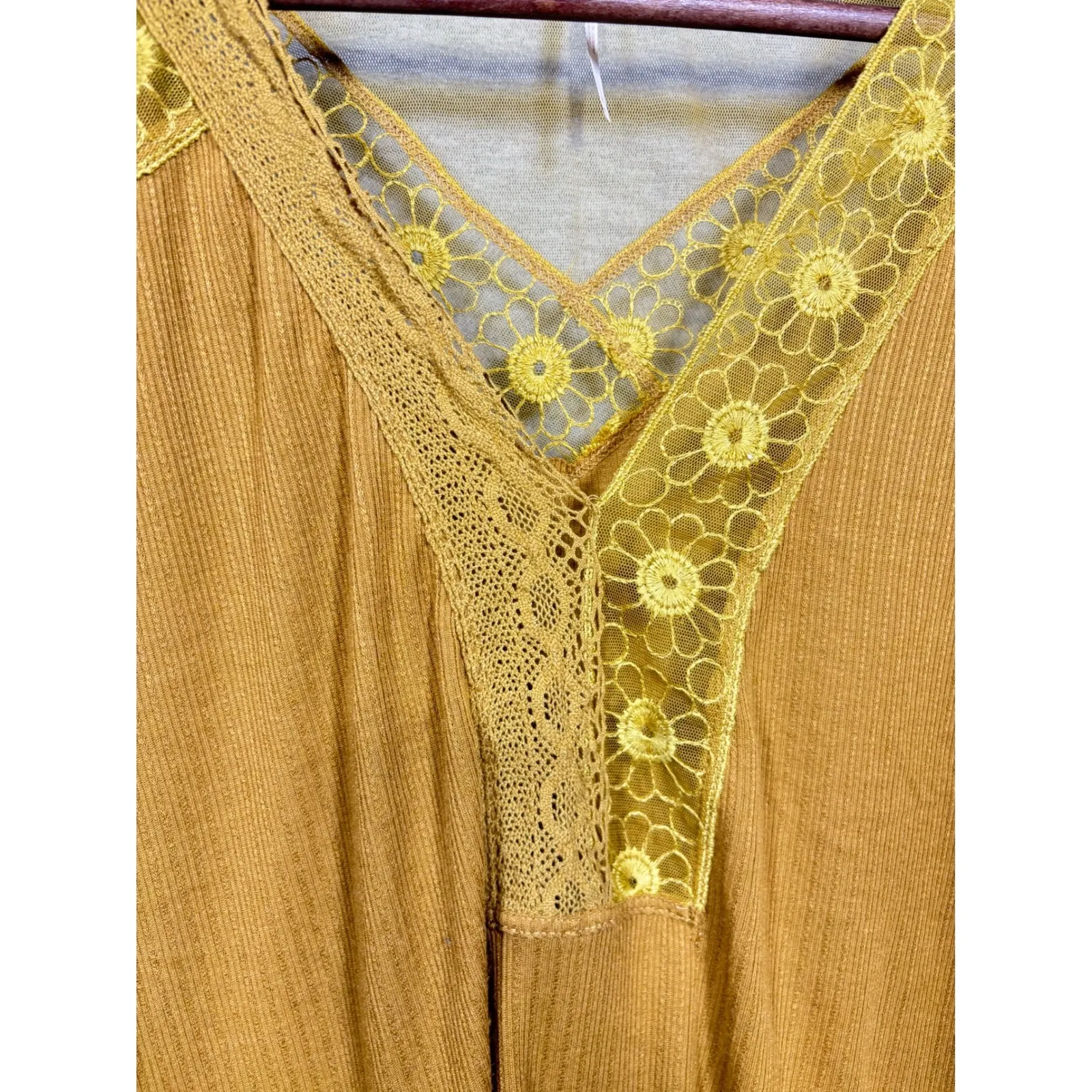 Free People Lola Top M Mustard Lace Trimmed V Neck Long Sleeve Thermal Shirt Top - Image 5