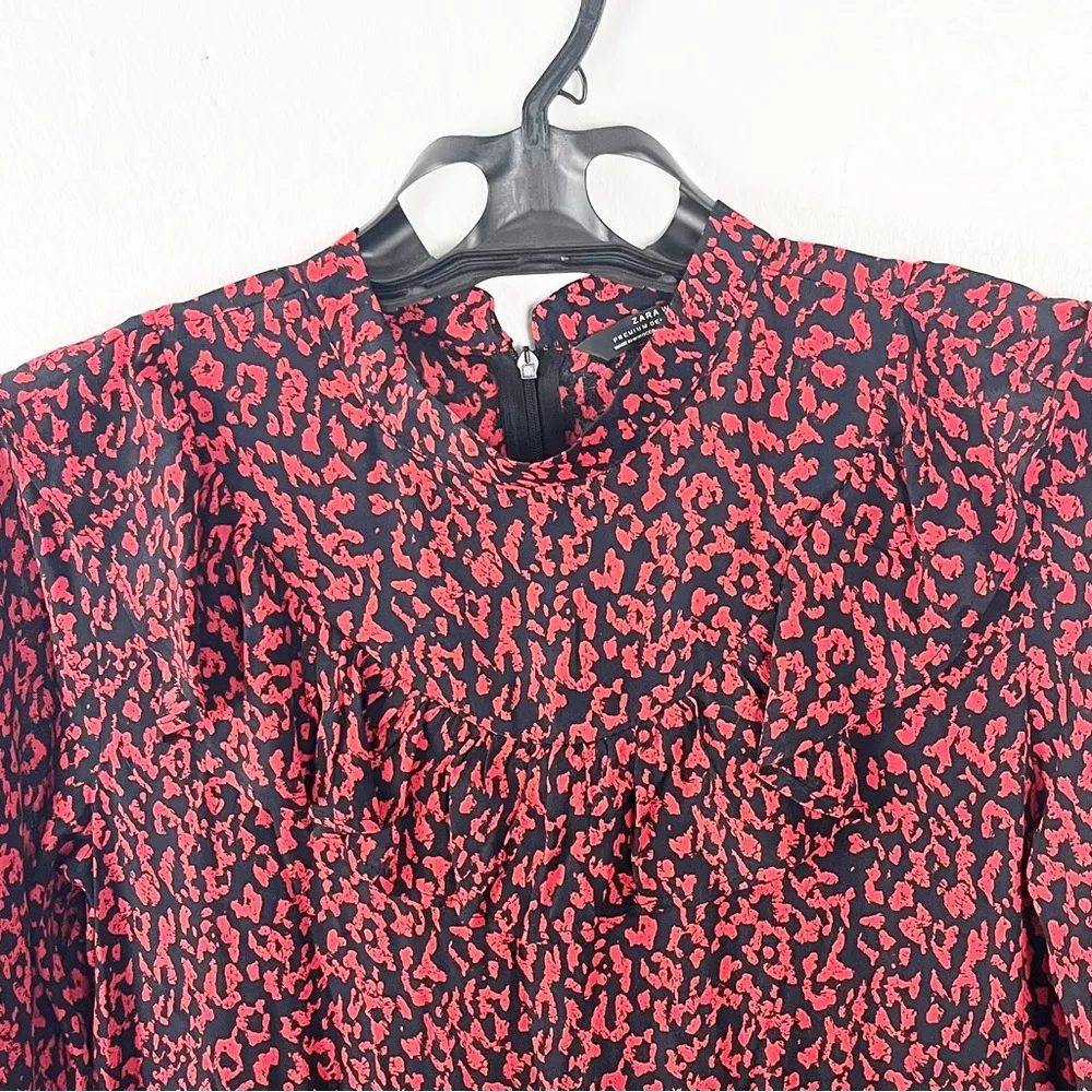 ZARA Premium Collection Black And Red Long Sleeves Ruffle Leopard Print Dress XS - Image 5