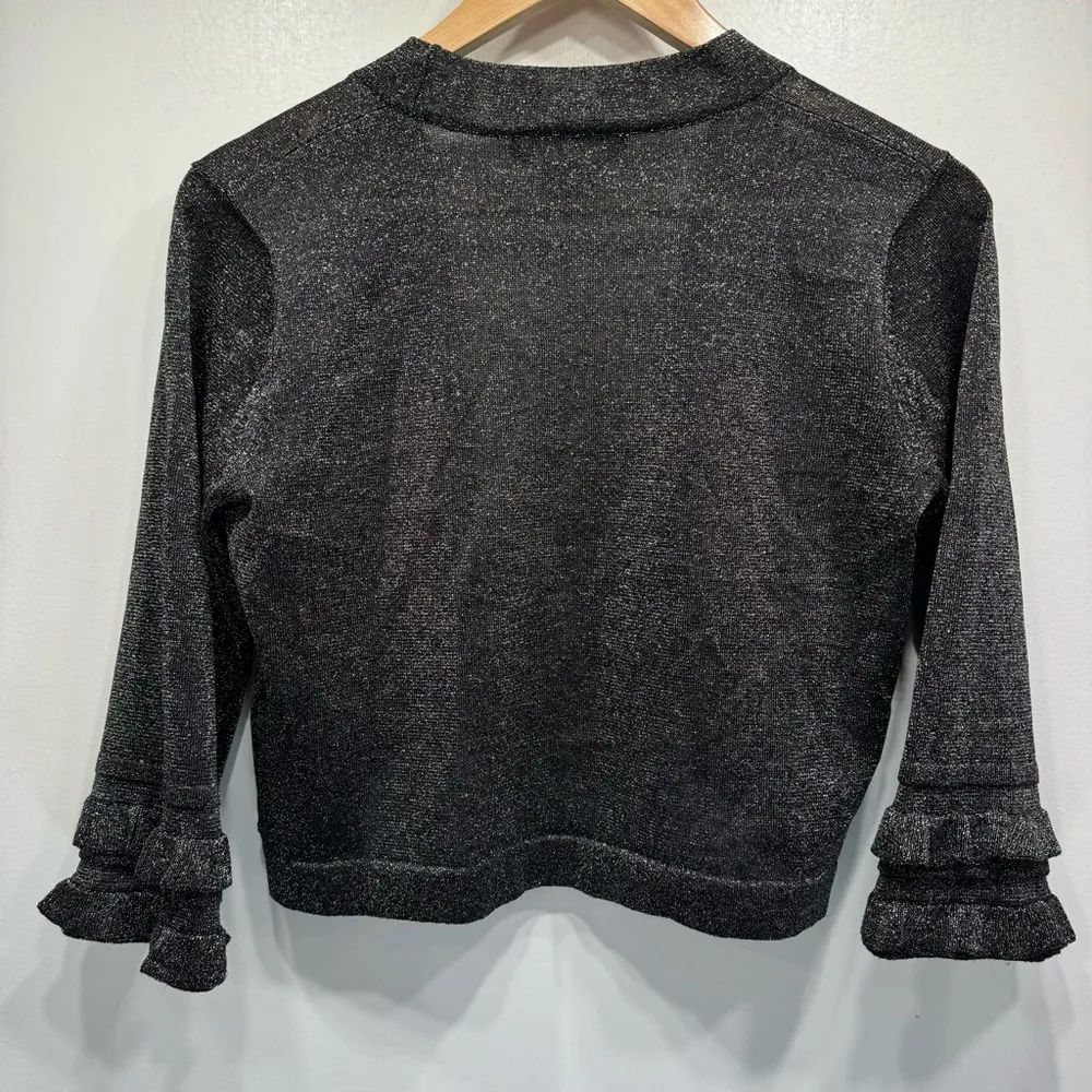 August Silk Black & Silver Metallic Open Front 3/4 Ruffle Sleeve Bolero Shrug S - Image 4