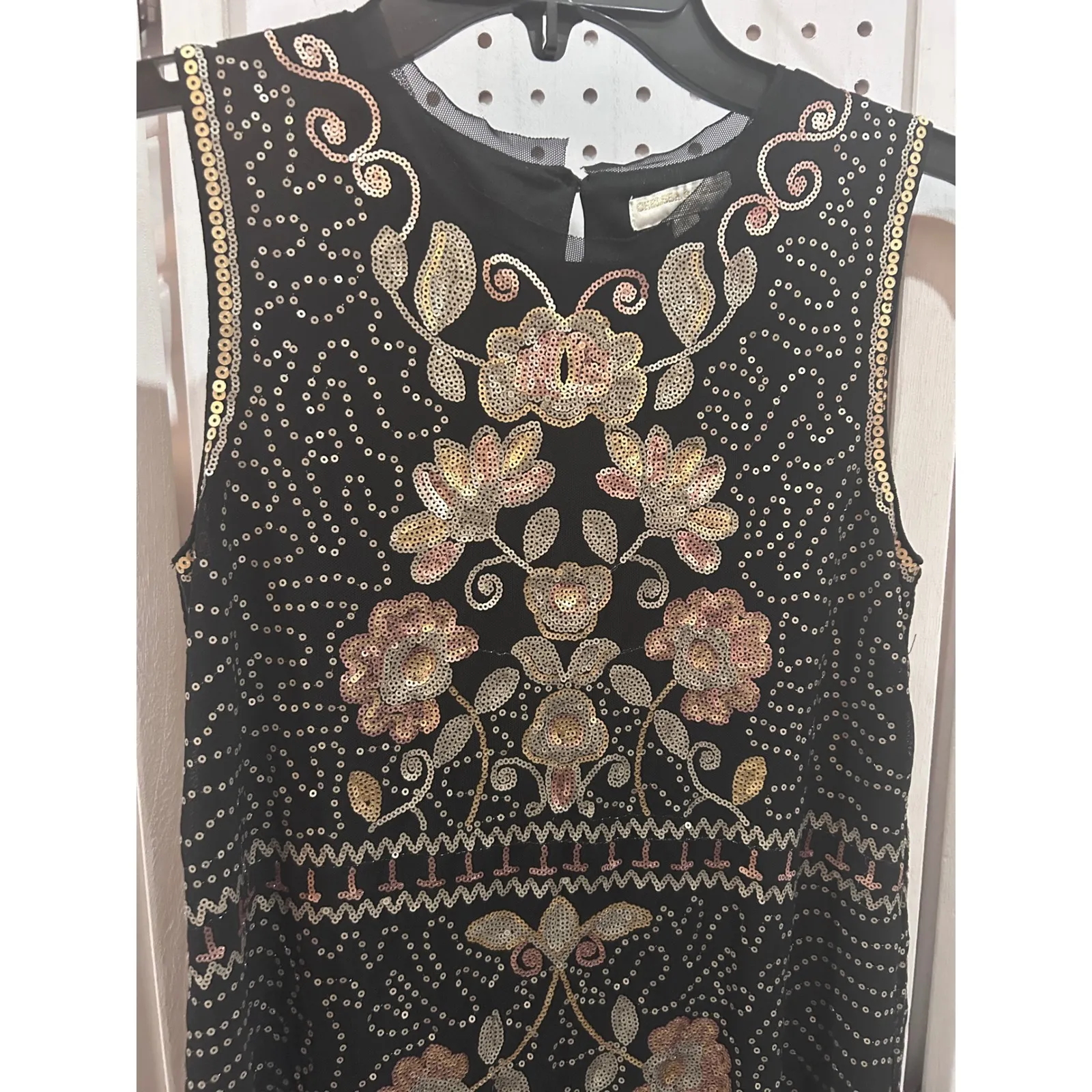 Chelsea Violet Black Beaded Sequin Floral A Line Mini Dress XL - Image 3