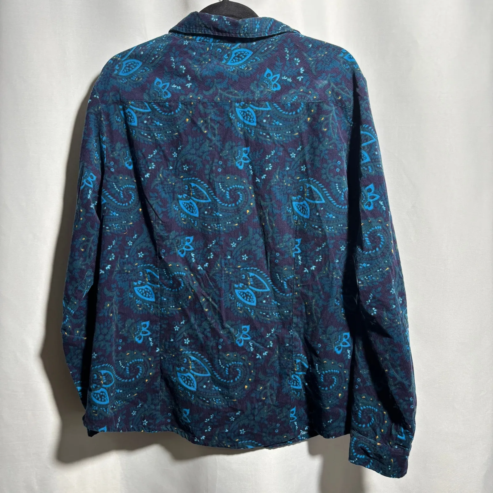VTG Blue Corduroy Paisley Button Up Blouse 1X Long Sleeve Boho Fairy Grunge Top - Image 2