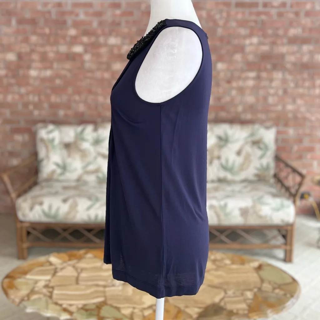 Loft Tank Top Beaded Peter Pan Collar Pin-tuck Knit XS Blue Sleeveless Preppy - Image 5