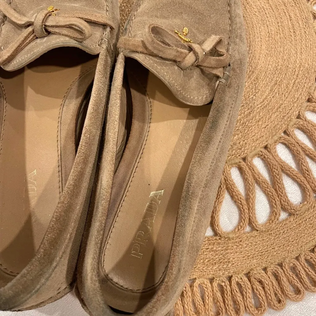 Prada  Suede Bow Drivers Tan Leather Size EU 38 - Image 9