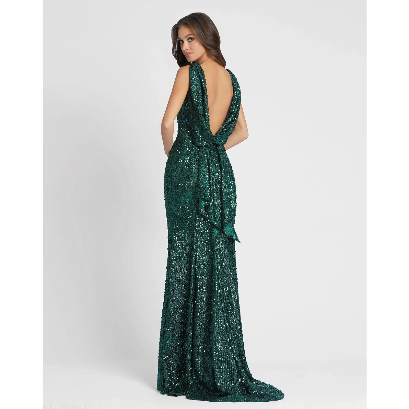 Mac Duggal 26331 Emerald Cowl Back Boat Neck Sequined Evening Gown Sz 14 NEW - Image 2