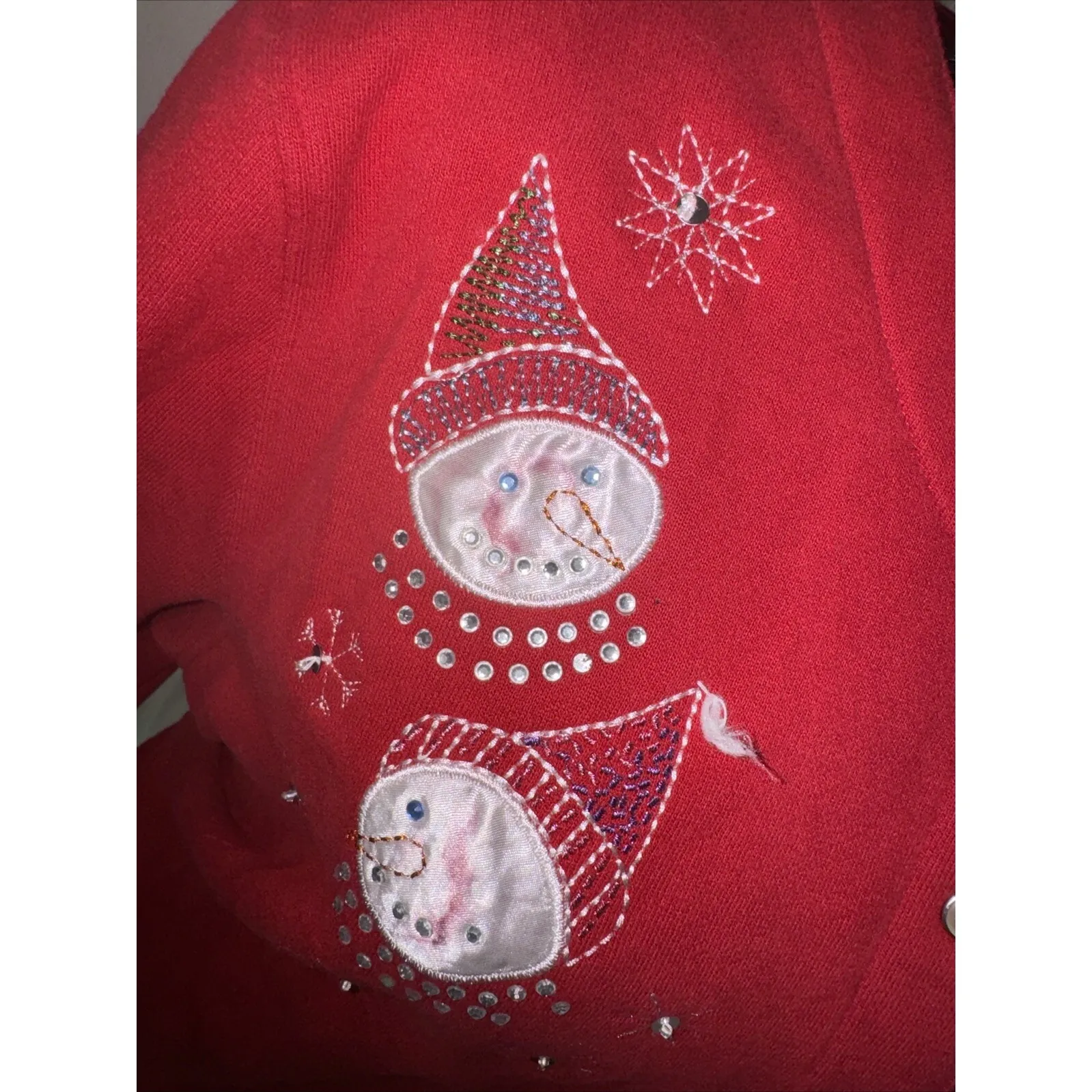 Y2K Snowmen W Snow Fleece Sweater Snap Embroidered‎ Red Classic Elements-sz L - Image 2