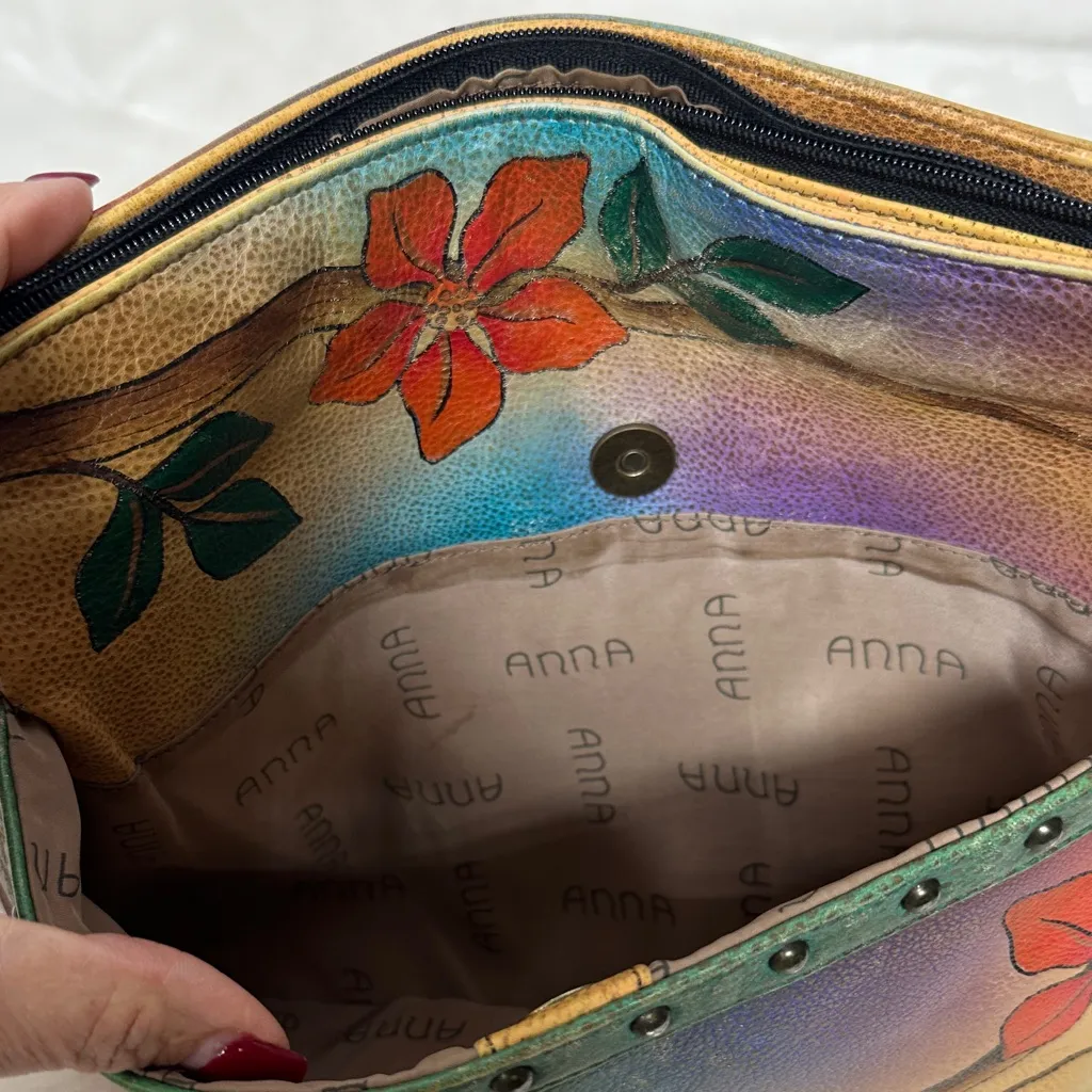 Anna Hand Painted Leather Crossbody Messenger Flap Bag with built in wallet like - Image 13