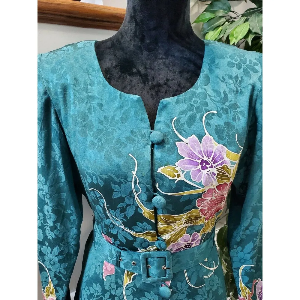 VTG Ethos Women Blue Floral Polyester Long Sleeve Sweetheart Neck Blouse Medium - Image 5
