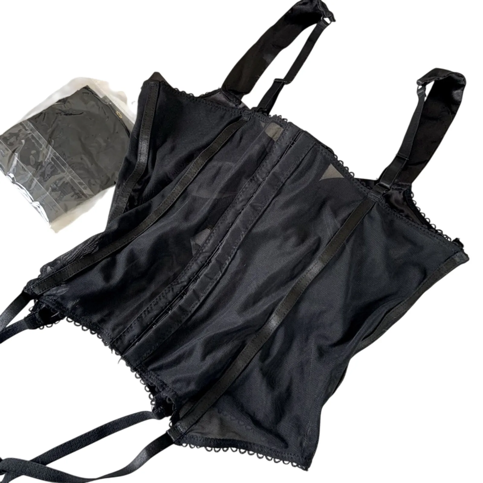 Black Satin Lingerie Bow Bustier Set w Stockings Small NEW WITH TAGS Retail $87 Size undefined - Image 9