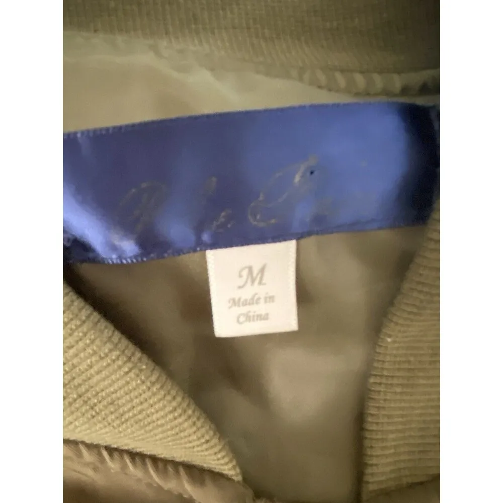 Army Green Satin Bomber Jacket Womens Size Medium Trucker - Image 11