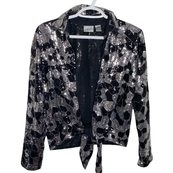 Chico's  black and silver sequined front tie overshirt size M - Image 6