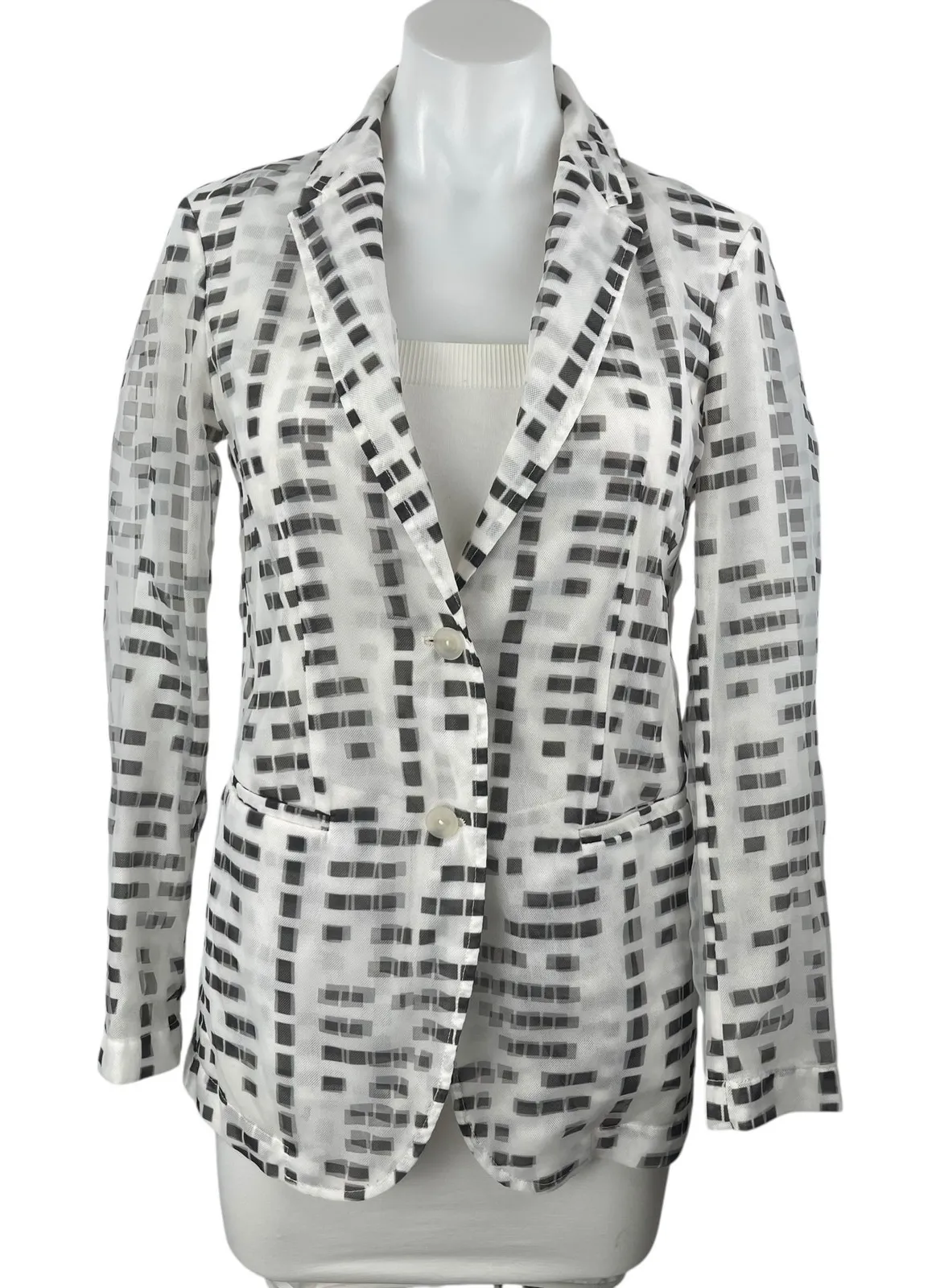 Emporio Armani White Black Long Sleeve Abstract Square Blazer Coat Jacket Sz S/M - Image 1