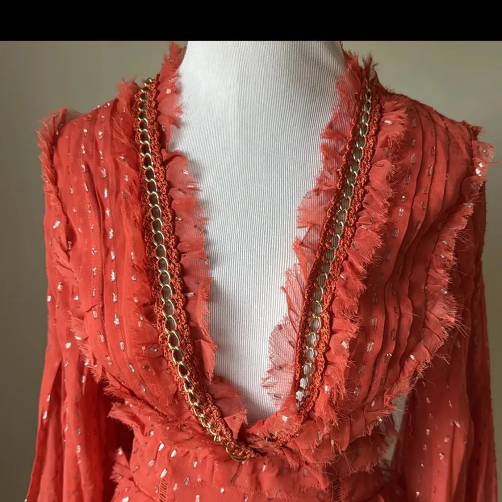 ASOS Design Ruffle Detail Mini Dress With Chain Detail in Metallic Jacquard - Image 2