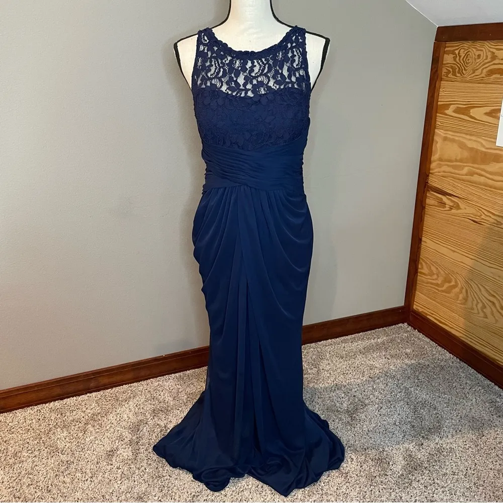 David’s Bridal Lace Bridesmaid Maxi Dress With Long Mesh Skirt in Marine 8 - Image 2