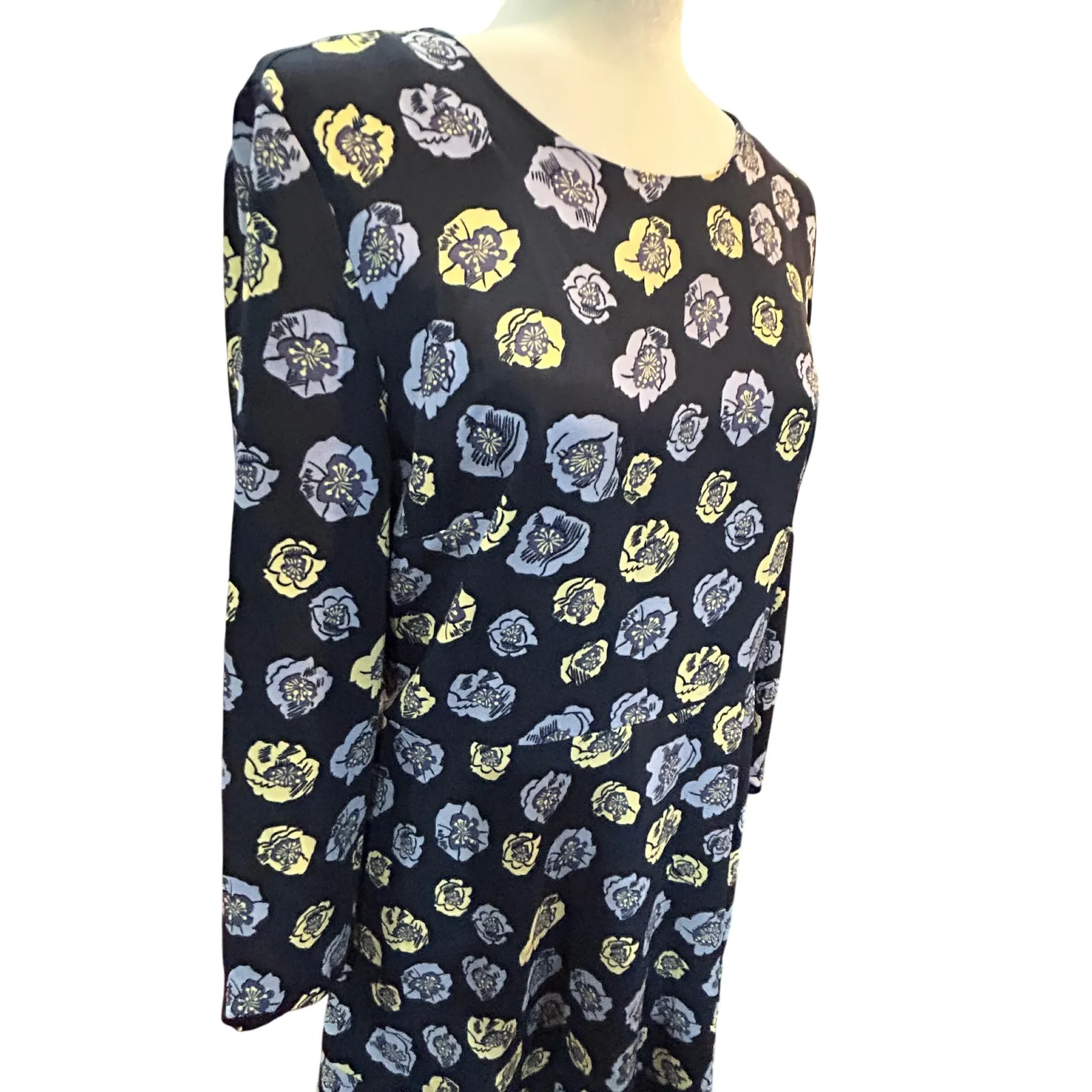 LOFT Outlet Floral Print Dress Black‎ Blue Yellow Long Sleeve Career Casual Black Size M - Image 2