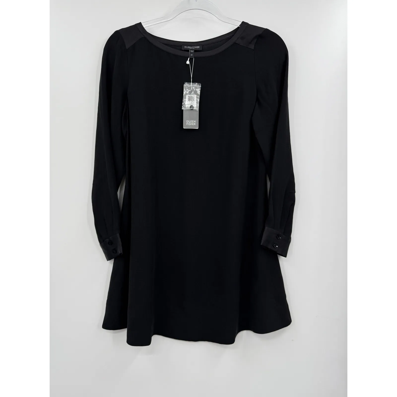 Eileen Fisher Dress Womens Petite PP Black Bateau Neck Silk Short Long Sleeve - Image 3