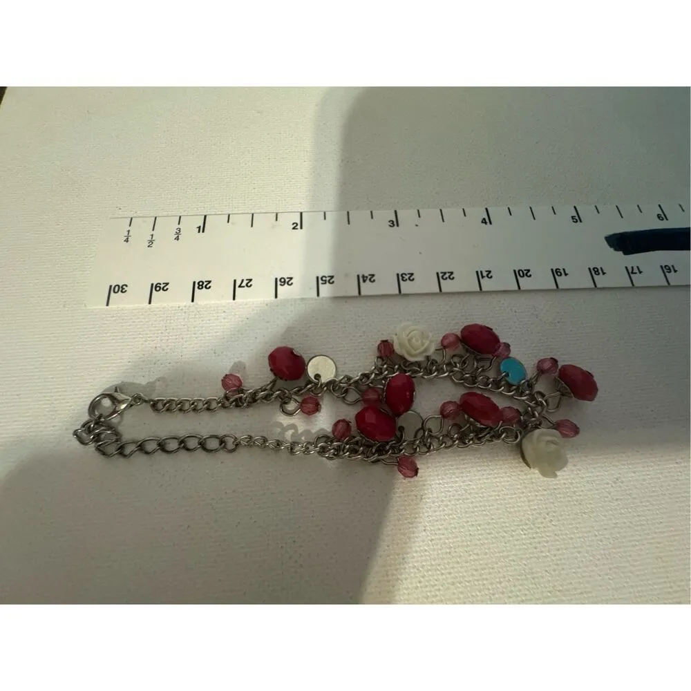 Vintage‎ Y2K Womens Pink Floral Rose Rhinestone Chain Beaded Charm Bracelet 90s Silver - Image 3