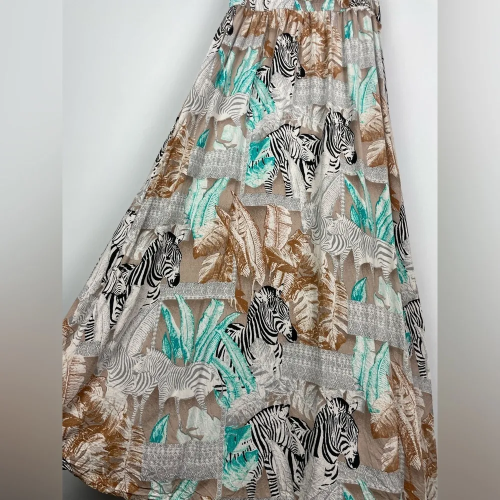 Two by Vince‎ Camuto Tribal Beat Safari Zebra High Low Faux Wrap Midi Dress Blue - Image 11