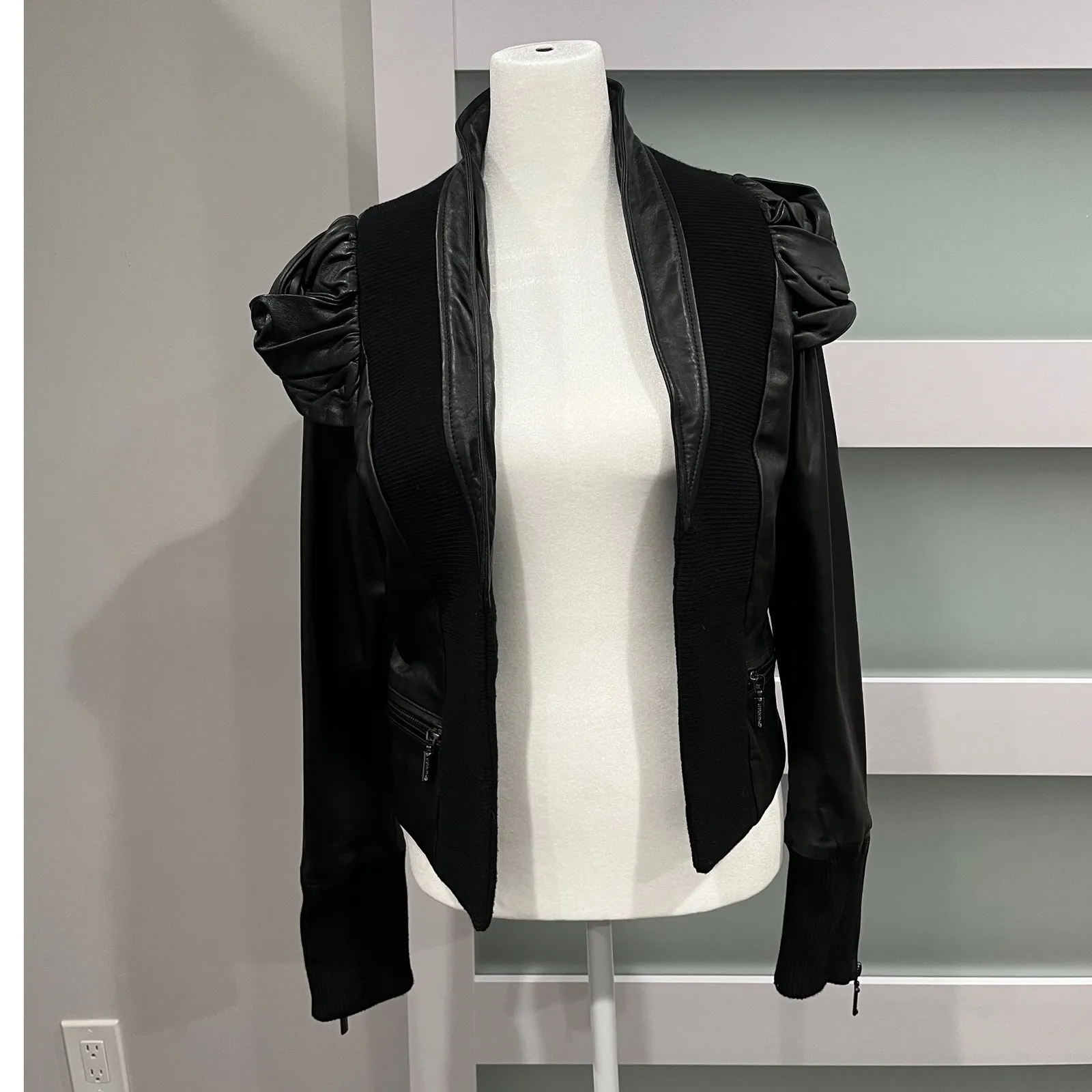 Affliction Black Premium Genuine Leather Puffed Sleeve Jacket Women Medium - Image 2