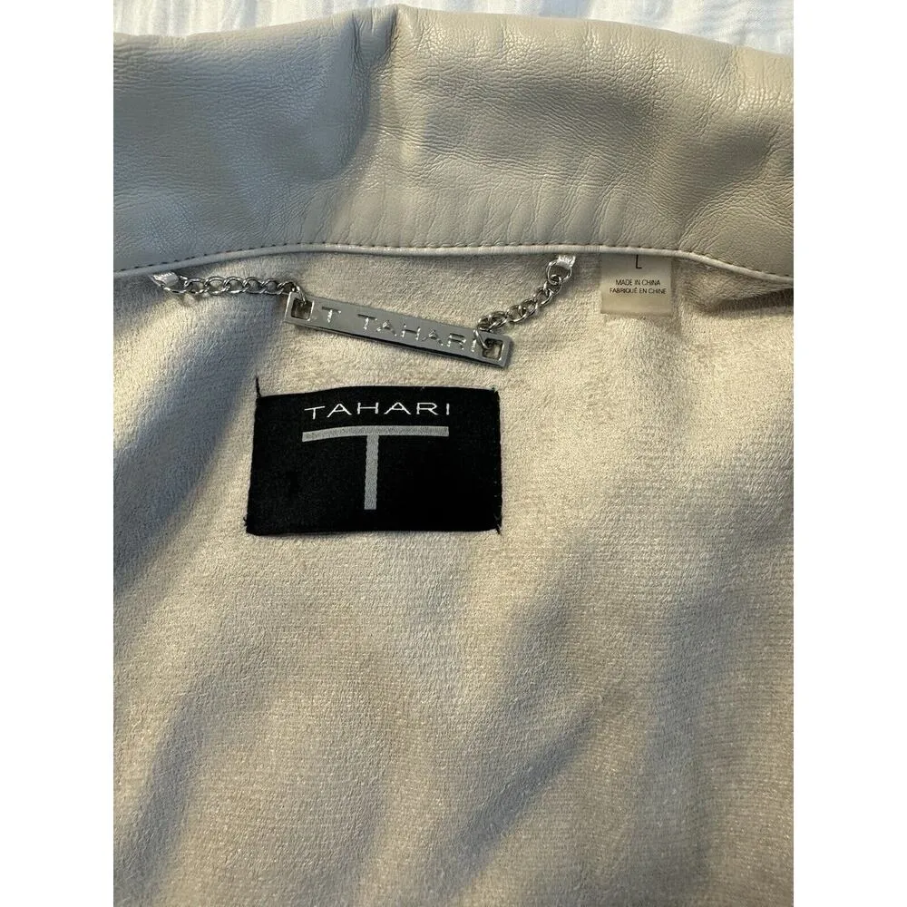 T Tahari Faux Leather Shacket Jacket Shirt Cream Beige Pockets Women's Large - Image 2