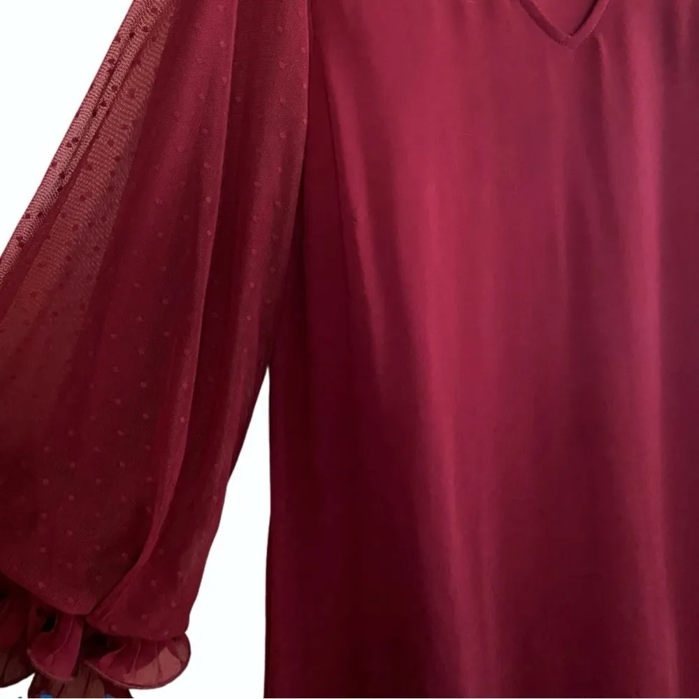 Entro Burgundy Sheer Long Sleeve Ruffle Flutter Dress Size Medium - Image 3