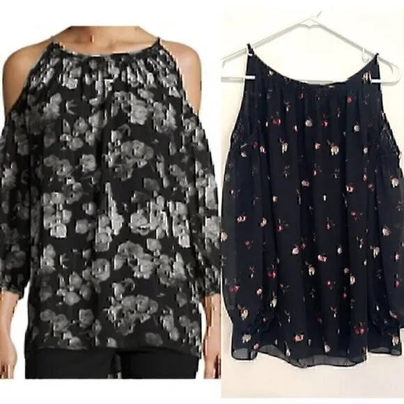 MAX STUDIO Edit Black Red Floral 3/4 Sleeve Cold Shoulder Cutout Tie Back Blouse - Image 2